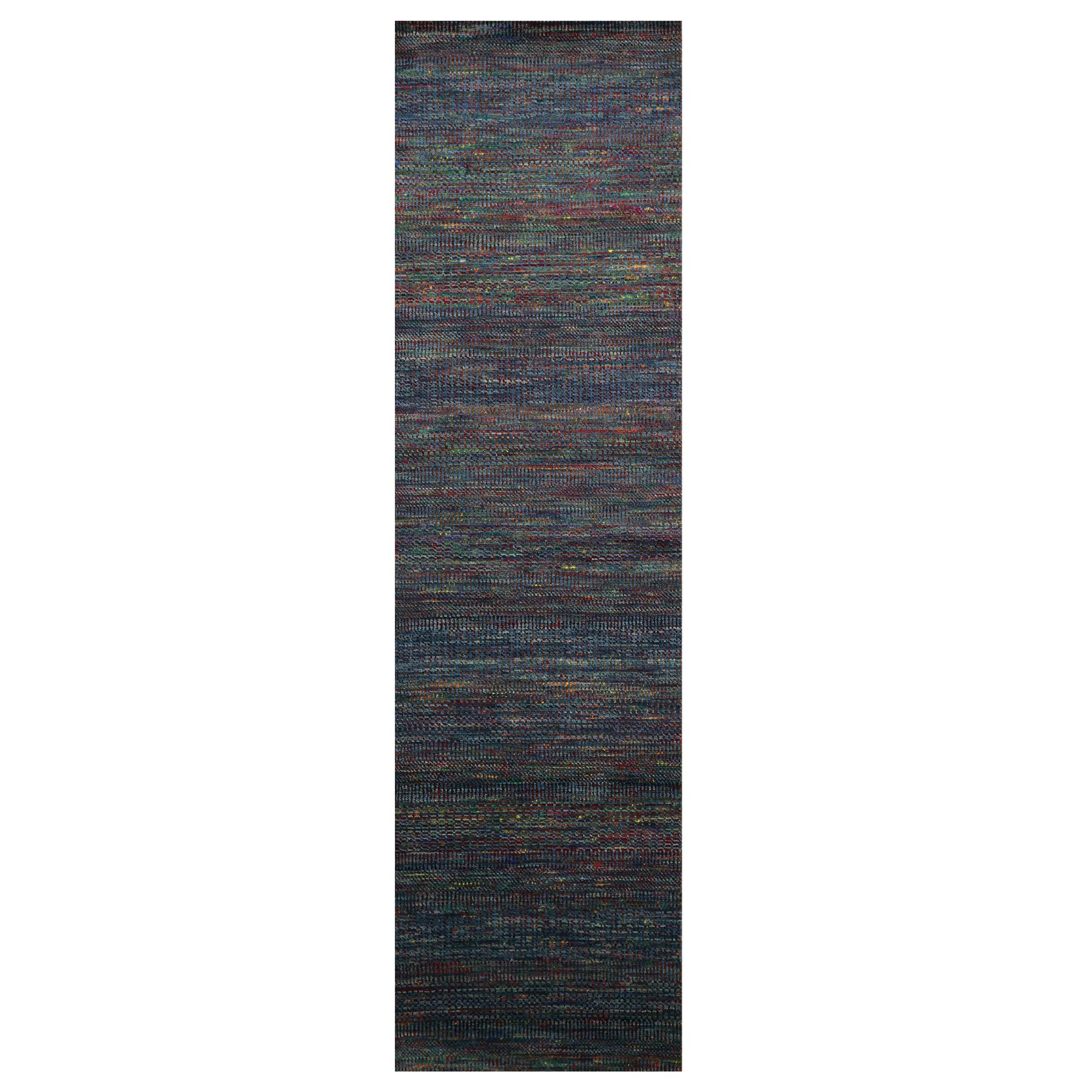 2'9"x10'2" Yale Blue, Colorful Grass Design, Wool and Silk, Modern, Hand Knotted, Tone on Tone, Runner, Oriental Rug 